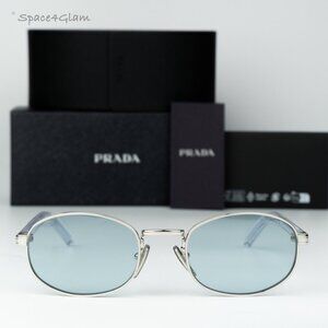 Prada Men Sunglasses Silver Azure Oval PRB53S 1BC40N NEW AUTHENTIC